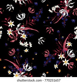 Vector of dark soft blooming floral pattern, delicate flowers, yellow, blue and pink flowers, greeting card template on black background.