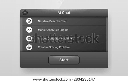 Vector dark theme AI chat tool selection interface featuring feature options for narrative describe tool, market analytics, image generator, creative problem solving, and start action button for app design