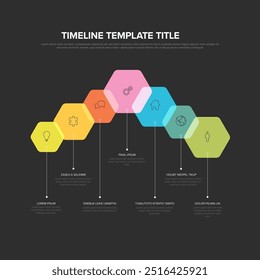 Vector de infografía de línea de tiempo oscura Plantilla con Formas hexagonales resaltadas hitos con íconos y números de año en color intervalos de bloques transparentes descripciones y títulos Infografía multipropósito