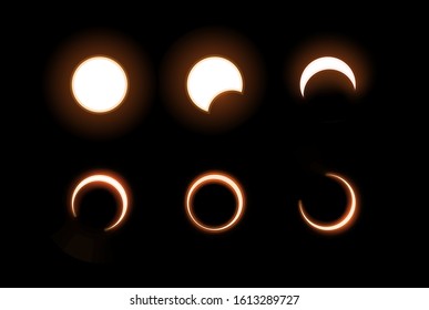 Vector Dark total and partial solar eclipse, several phases. Black background - isolated illustration