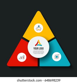 Vector dark triangle infographic. Template for cycle diagram, graph, presentation and round chart. Business concept with 3 options, parts, steps or processes. Data visualization.