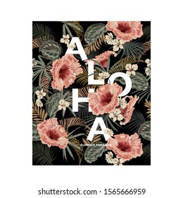 Vector dark tropical exotic flowers. Retro Hawaiian style floral arrangement, with wording"ALOHA", summer paradise vector illustrations,Design for fashion,Tshirt and all graphic used