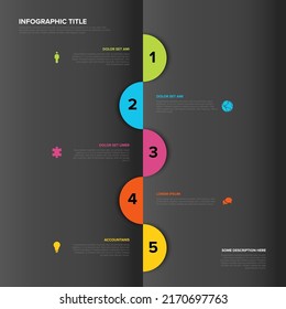 Vector dark vertical process progress template diagram schema with five steps icons and descriptions. Color half circles on dark gray folded background and minimalistic icons