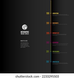 Vector dark vertical progress timeline template with six years milestones with descriptions. dark colorful timeline with color headlines on folded paper