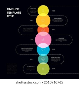 Vector Vertical oscura línea de tiempo infografía Plantilla con resaltado Vertical hito Elementos con íconos y números de año en color intervalos de bloques transparentes descripciones y títulos Información multipropósito