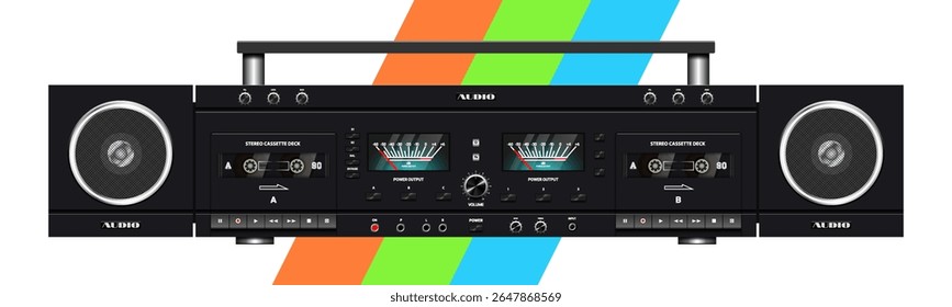 Vector dark vintage analog music double cassette black deck with round speakers. Sound recording tape recorder. Buttons and knobs. Arrow screens decibel meter. Electronic stereo audio equipment