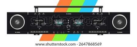 Vector dark vintage analog music double cassette black deck with round speakers. Sound recording tape recorder. Buttons and knobs. Arrow screens decibel meter. Electronic stereo audio equipment