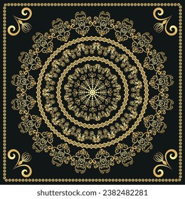 Vector dark vintage frame with lacy golden mandala