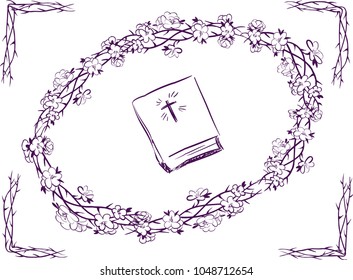 Vector dark violet card Bible, blackthorn, blossomed blackthorn