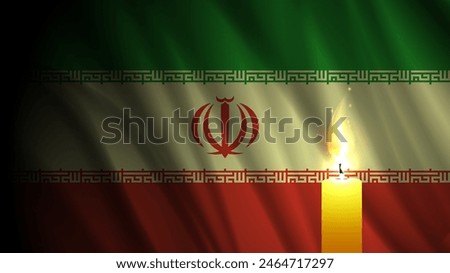 Vector dark wavy flag of the Islamic Republic of Iran. Tehran. A brightly burning candle. Mourning and sadness. Banner of suffering.