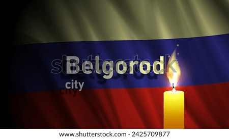 Vector dark wavy flag of Russian Federation. Belgorod city. A brightly burning candle. Mourning and sorrow. Banner of suffering.