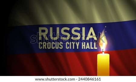 Vector dark wavy flag of Russian Federation. Crocus city hall. A brightly burning candle. Mourning and sorrow. Banner of suffering.
