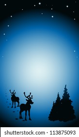 vector dark winter background with reindeer silhouette, tree, snow, stars and snowflakes
