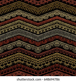Vector dark zigzag croched seamless pattern. Horizontal knitted edging patterns and lacy borders on black background.