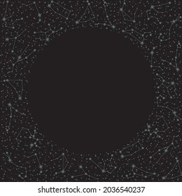 Vector dark zodiac constellations background with a round copy space. Celestial frame with horoscope star systems and place for text on a black backdrop