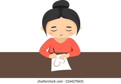 Vector dark-haired girl in a red sweater sits at the table, draws a heart on a sheet of paper
