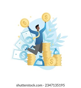 Vector, dark-skinned, rich man holding big, golden coins in hands, jumping for joy, happiness. Tiny guy and stacks of money, win, earned, received bonus, salary. Successful profitable business.