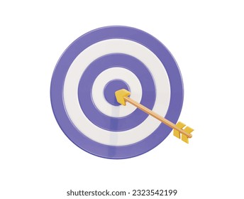 vector dart hitting center of target 3d icon. arrow hitting aim or bullseye 3d vector illustration