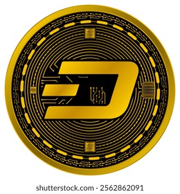 Vector of Dash Digital Currency in gold and black colors on a white background.