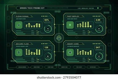 Vector dashboard interface with green futuristic panels, charts, icons, and modular data display elements