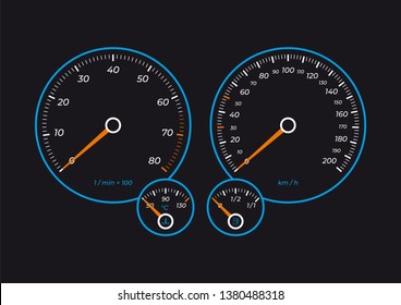 Vector dashboard with speedmeter, tachometer, temperature gauge and gas gauge. On black background.