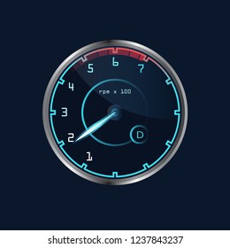 Vector dashboard speedometer isolated. Realistic sensor panel with arrows. Vehicle tachometer, car speedometer. Chrome neon board. Measuring speed illustration.