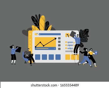 Vector dashboard web design template. Front end development team using futuristic dashboard and analyze data. Landing page concept for website and mobile development. Modern flat illustration