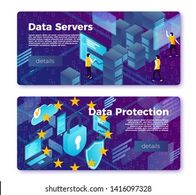Vector Data center banner templates set. Servers and protection of information. With place for your text.