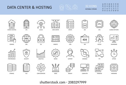 Vector data center and hosting icons. Editable Stroke. Server shared hosting domain VPS SSD SSL DNS CPU. FTP database global network cloud dashboard. 404 uptime performance security analytics repair.