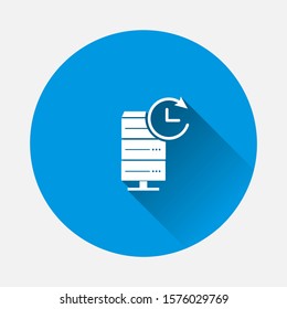 Vector data center icon. Illustration server and clock icon on blue background. Flat image with long shadow.