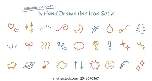 Vector data with editable lines. A colorful icon set of hand-drawn emotions that can be used in manga.