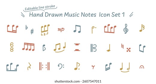 Vector data with editable lines. A colorful icon set of various hand-drawn musical note symbols that can also be used in comics. 1