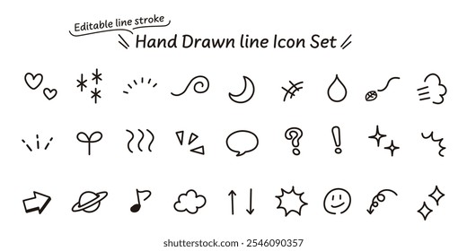 Vector data with editable lines. A monochrome icon set of hand-drawn emotions that can be used in manga.