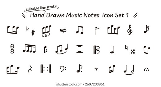 Vector data with editable lines.  A monochrome icon set of various hand-drawn musical note symbols that can also be used in manga. 1