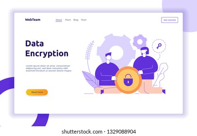 Vector data encryption web page online banner template with man and woman holding lock icon. Privacy concept illustration