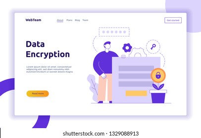 Vector data encryption web page online banner template with man holding login form. Privacy concept illustration