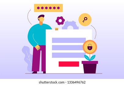 Vector data encryption web page online banner template with man holding login form. Privacy concept illustration
