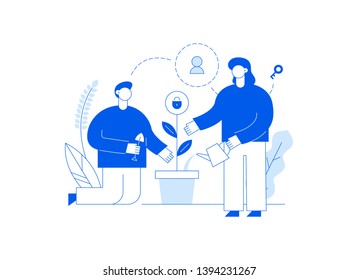 Vector data encryption web page online banner template with man and woman taking care about privacy plant. Protection concept illustration