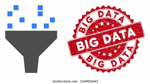 Vector data filter icon and rubber round stamp seal with Big Data phrase. Flat data filter icon is isolated on a white background. Big Data stamp seal uses red color and grunged design.