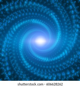 Vector data flow visualization. Blue big data flow as binary numbers strings twisted in infinity tunnel. Information code stream representation. Cryptographic analysis. Bitcoin blockchain transfer. 
