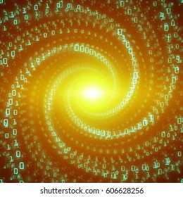 Vector data flow visualization. Green big data flow as binary numbers strings twisted in infinity tunnel. Information code stream representation. Cryptographic analysis. Bitcoin blockchain transfer. 