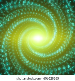 Vector data flow visualization. Green big data flow as binary numbers strings twisted in infinity tunnel. Information code stream representation. Cryptographic analysis. Bitcoin blockchain transfer. 