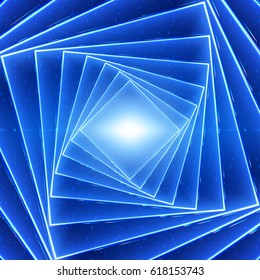 Vector data flow visualization. Square twisted glowing tunnel of blue big data flow as binary strings. Cyber world of code. Cryptographic analysis. Bitcoin blockchain transfer. Information stream