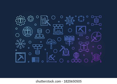 Vector Data Mining concept outline colorful horizontal illustration or banner on dark background 