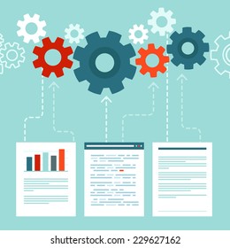 Vector data processing concept in flat style - analyzing, uploading and aggregation information items