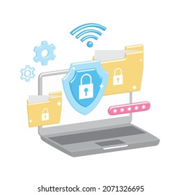 Vector data protection, saving personal information in 3d yellow folder on Internet, wi-fi. Vector laptop password protected with shield and padlock. Confidential, secret, privacy access.