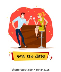 Vector dating couple flat illustration. Cartoon style. Funny cute people at cafe table. Boy and girl in love sitting at the table on a date in restaurant. Save the date illustration. Valentine day.