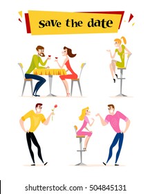 Vector dating couple flat illustration. Cartoon style. Funny cute people at cafe table. Boy and girl in love sitting at the table on a date in restaurant. Save the date illustration. Valentine day.