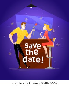 Vector dating couple flat illustration. Cartoon style. Funny cute people at cafe table. Boy and girl in love sitting at the table on a date in restaurant. Save the date illustration. Valentine day.
