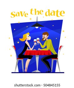 Vector dating couple flat illustration. Cartoon style. Funny cute people at cafe table. Boy and girl in love sitting at the table on a date in restaurant. Save the date illustration. Valentine day.